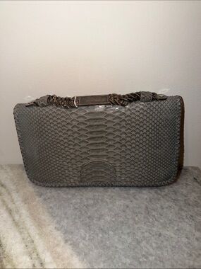 Gray Snake-Embossed Wristlet Clutch with Chain Detail